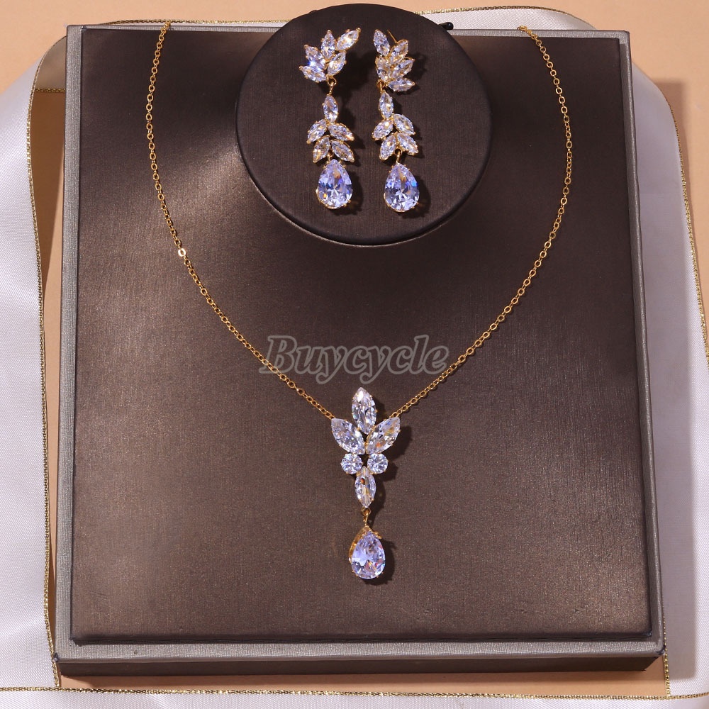 Bộ Vòng cổ + Bông Tai Đính Đá Zircon Sang Trọng Thời Trang Cho Cô Dâu
