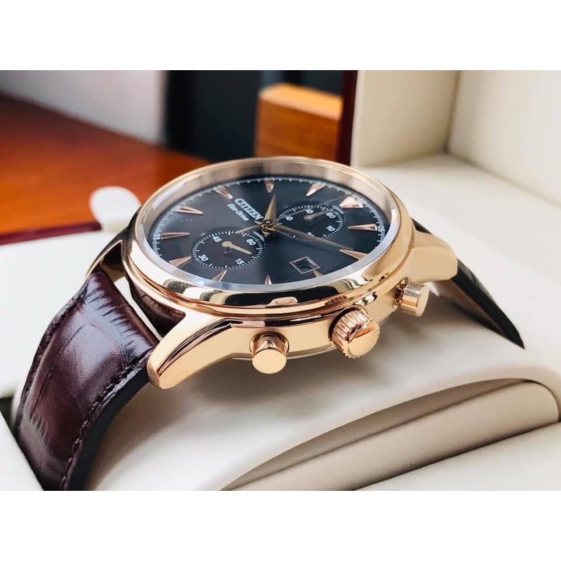 Đồng hồ CITIZEN NAM Eco-Drive Chronograph CA7003-06E Viền gold thép không gỉ dây da