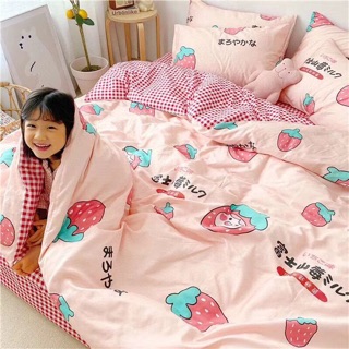 Bộ Drap & Chăn Phao Cotton Poly Dâu Nhật