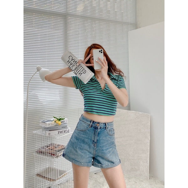 Croptop nữ thiết kế polo cổ V chất thun gân MIEU - JJN14