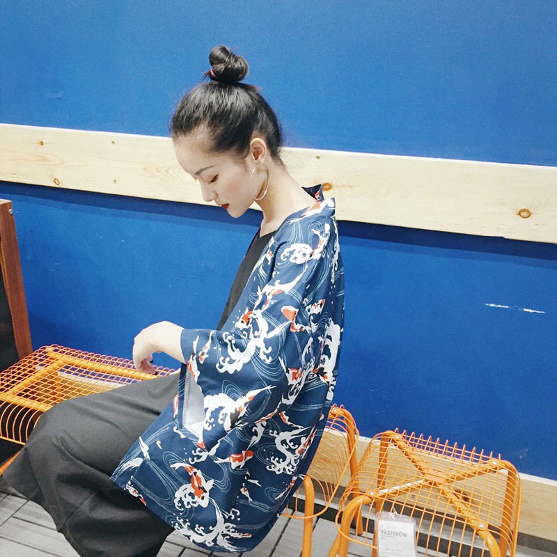 Áo khoác kimono haori ykata cá Koi lượn sóng