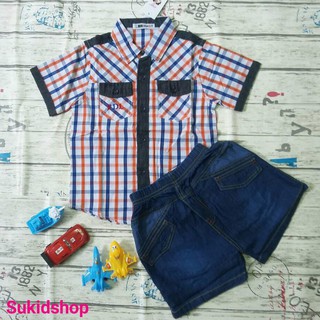Quần áo trẻ em cao cấp - Set bộ bé trai quần sort Jean áo sơ mi karo
