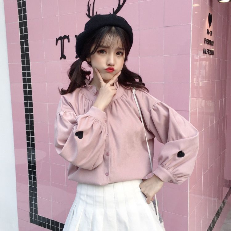 Áo Sơ Mi Tay Dài Phồng Thêu Họa Tiết Trái Tim Phong Cách Hàn Quốc Dành Cho Nữ