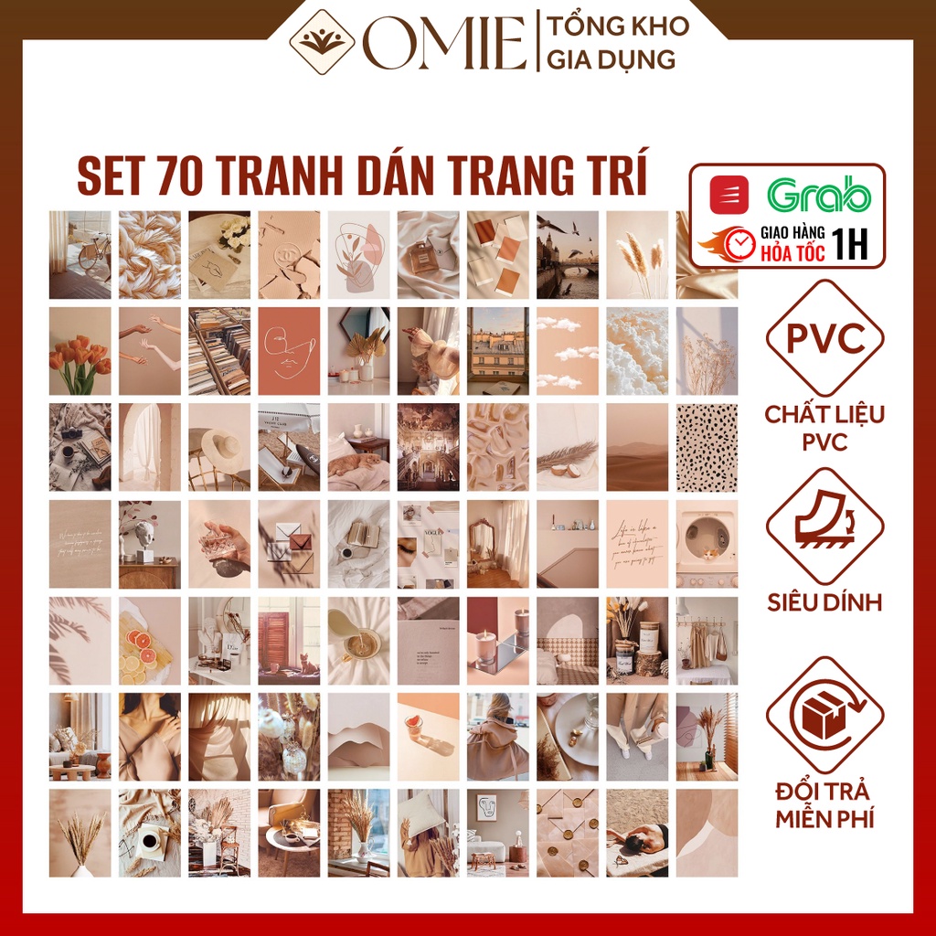 Set 70 tranh dán tường decor phòng ngủ OMIE Postcard decal sticker dán tường (Tặng miếng dán 2 mặt +hộp quà)