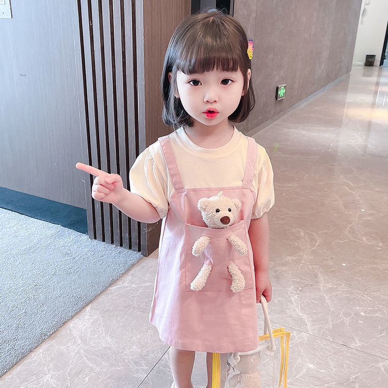 Bộ Áo Thun In Hình Gấu Kèm Váy Yếm Dễ Thương Thời Trang Mùa Hè Cho Bé Gái