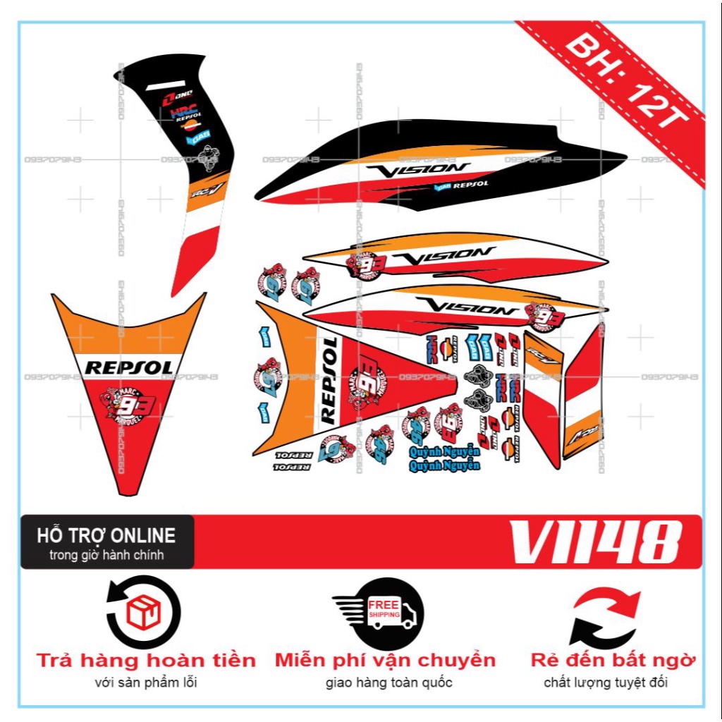 TEM RỜI XE VISION 2012 REPSOL DÁN XE ĐEN -- SHIN DECAL 2