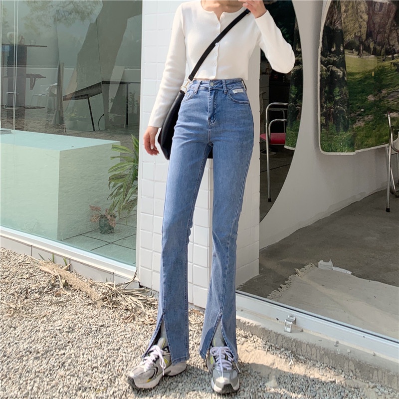 QKOOLE  Quần Jean Dài Eo Cao Vải Mỏng Phong Cách Hàn Quốc Dành Cho Nữ