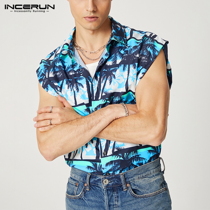 Áo sơ mi INCERUN không tay cài khuy in hoa phong cách đi biển cho nam