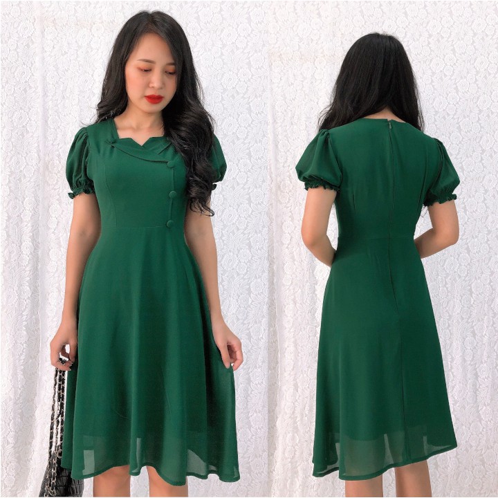 Đầm Xòe Voan Chiffon S&amp;M Cổ Bẻ Đính Nút Tôn Dáng, Xinh Đẹp, Giá Rẻ GR156_ Có Bigsize, Hình Thật Do Shop Tự Chụp