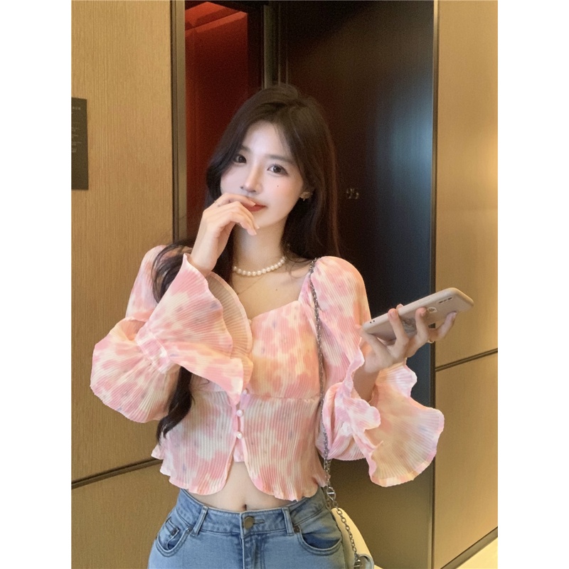 QKOOLE  Áo Croptop Trễ Vai Tay Loe Màu Hồng Phong Cách Hàn Quốc Cho Nữ