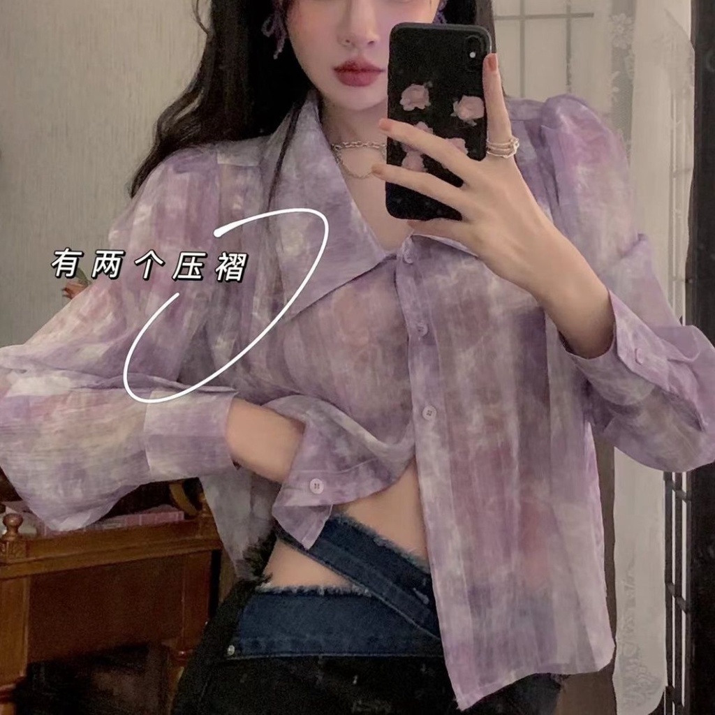 Set Áo Sơ Mi Nhuộm Màu Tím Nho Phối Chân Váy Yếm Hai Mặt Phong Cách Retro Thời Trang Mùa Hè