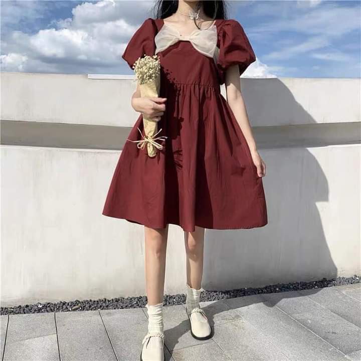Đầm babydoll tay ngắn tiểu thư phối nơ
