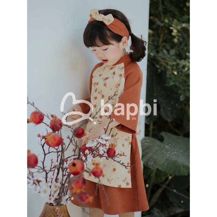 Set Áo Dài Cách Tân Cho Bé Trai Bé Gái Họa Tiết Hoa Nhí Màu Cam Đất Size Từ 8-28kg
