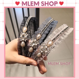 🎀 Bờm cài tóc vải ren Tweed đính dây đá ngọc tiểu thư ML0005