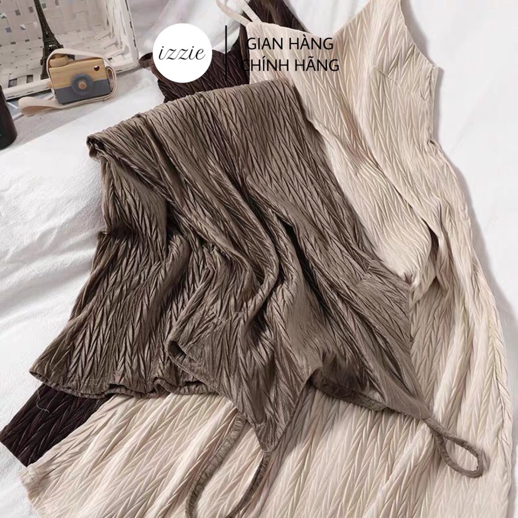 Váy đầm 2 dây Izzie cổ V nhung hàn mềm mịn V255, dáng chữ A, thoải mái, sang trọng, quyến rũ, form dưới 60kg