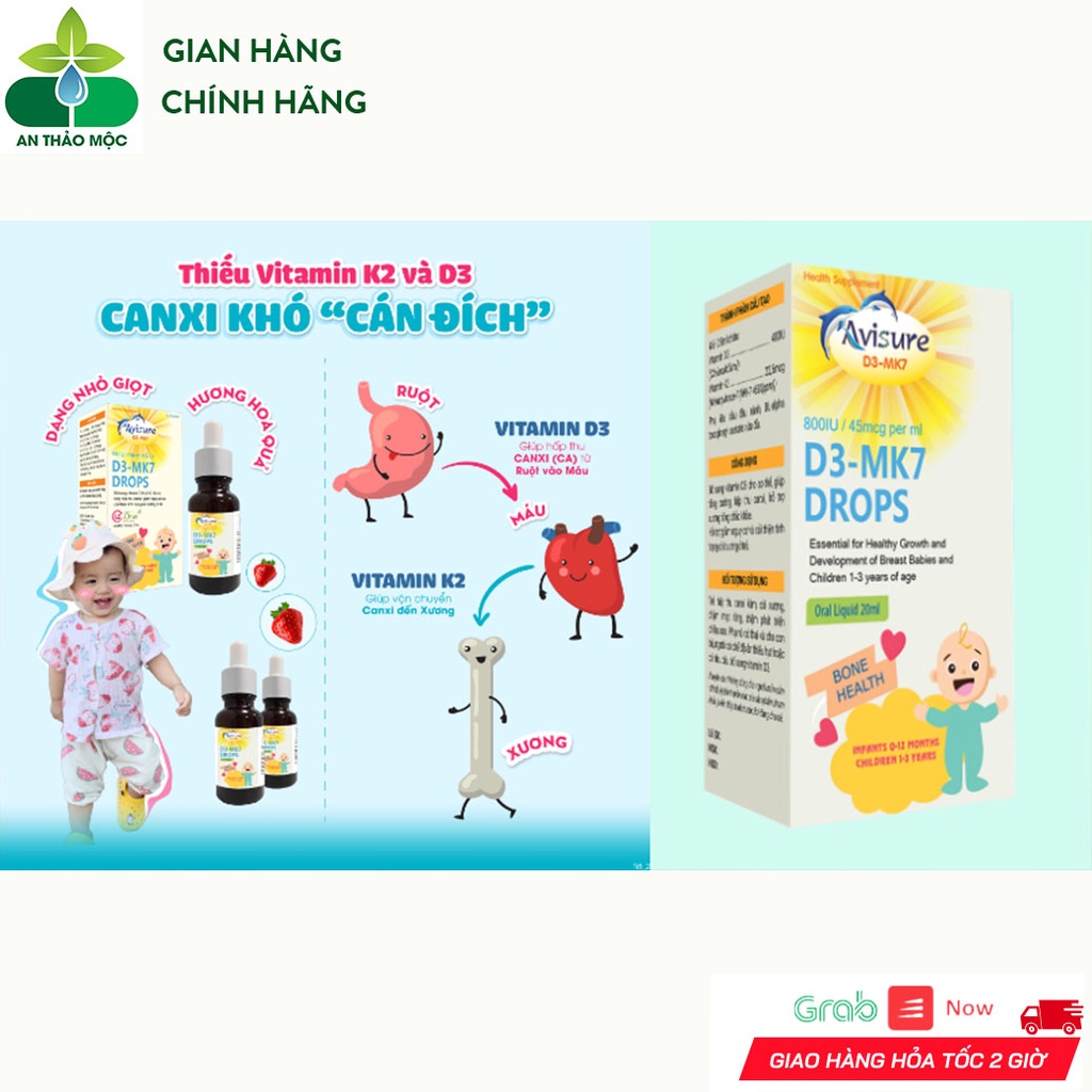 Siro Nhỏ Giọt Avisure D3mk7 Giúp Bé Hấp Thu Canxi Phát Triển Chiều Cao Xương Răng Chắc Khỏe Ngủ Ngon Chai 20ml