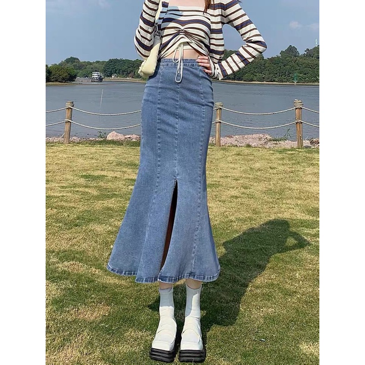 Chân váy jean Dài Xẻ Tà Thiết Kế Mới Thời Trang Mùa Thu Dành Cho Nữ