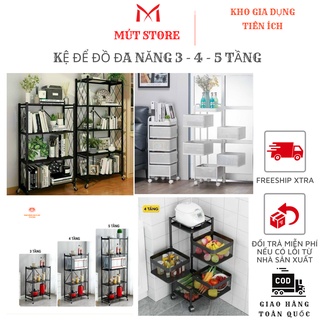 Giá để đồ 3/4/5 tầng xoay 360 độ đa năng có bánh xe, kệ sắt đựng rau củ quả đồ dùng trong gia đình