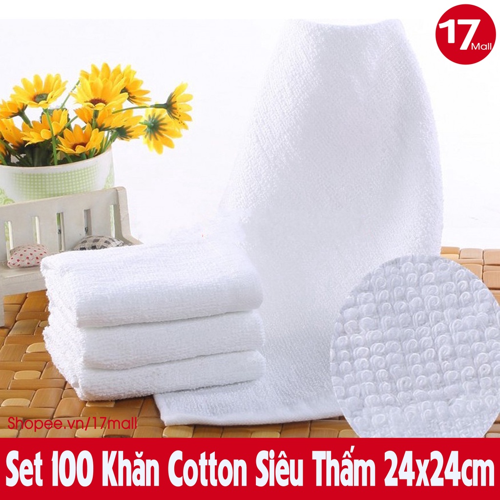Set 100 khăn lau siêu thấm, khăn cotton dùng trong bệnh viện, lau tay, lau xe, nhà bếp, quán ăn size 24x24cm trắng