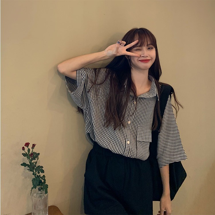 [Mã FAMAYMA2 giảm 10K đơn 50K] Áo sơ mi nữ tay ngắn unisex form rộng kẻ caro 1 túi 2 màu ,áo sơ mi nữ kẻ caro chất đẹp | BigBuy360 - bigbuy360.vn