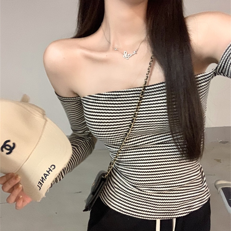 Áo Thun Tay Dài Trễ Vai Kẻ Sọc Thời Trang Mùa Hè Quyến Rũ Dễ Phối Đồ Cho Nữ