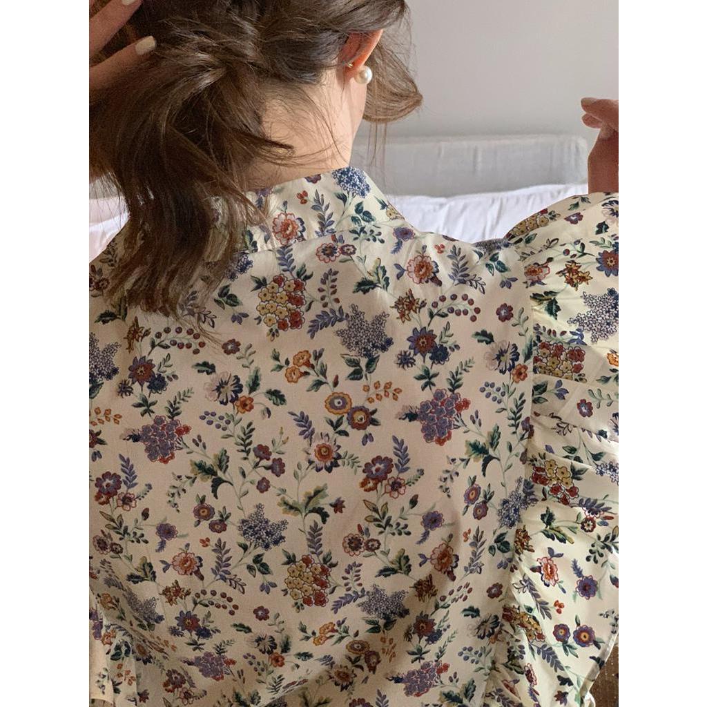 Áo Sơ Mi Hoa Cổ Tròn Dài Tay Dáng Rộng Thời Trang Sành Điệu 61488