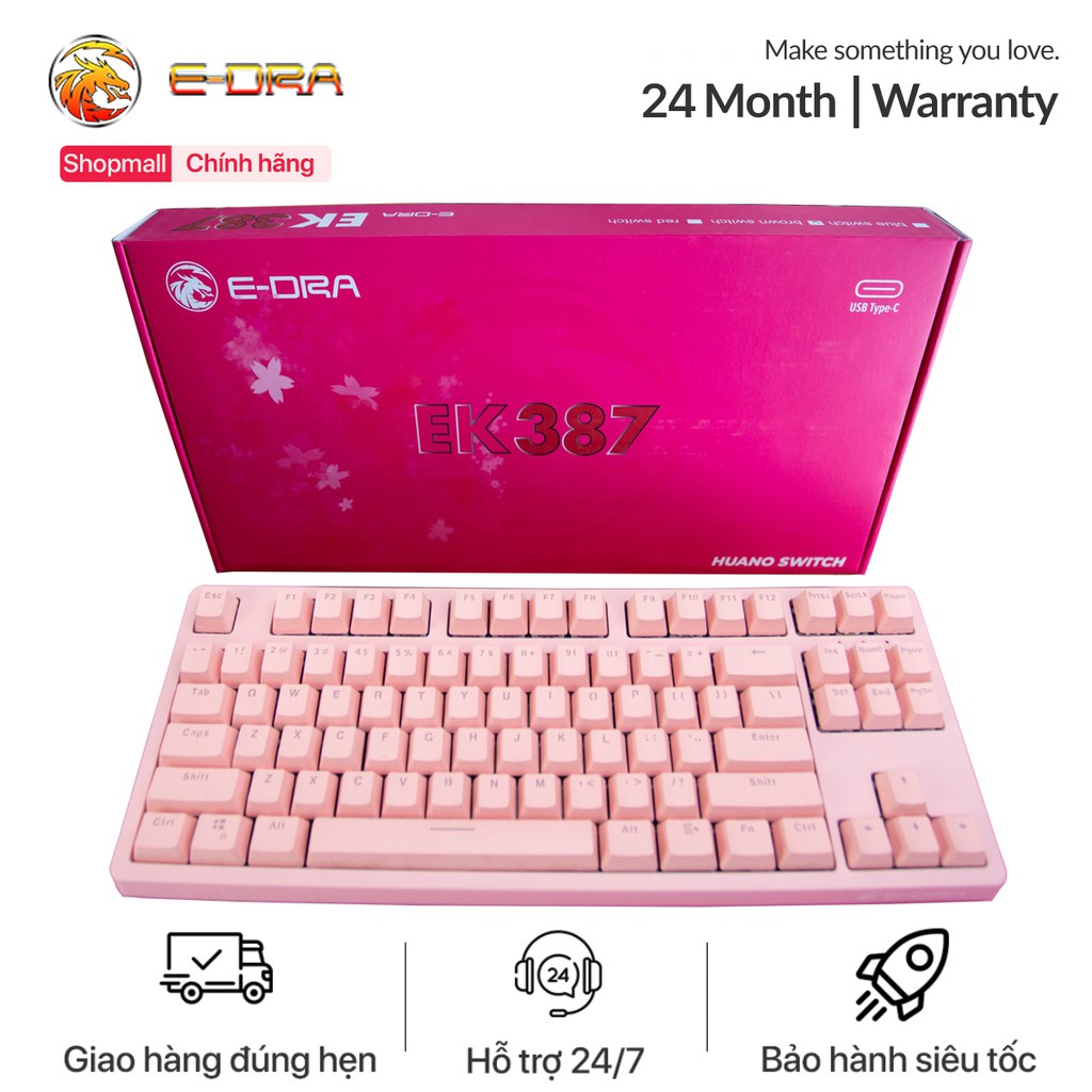 Bàn phím cơ E-Dra EK387 Dream Pink màu hồng cực chất, Huano Switch 2021, cable Type C tháo rời - Hàng chính hãng