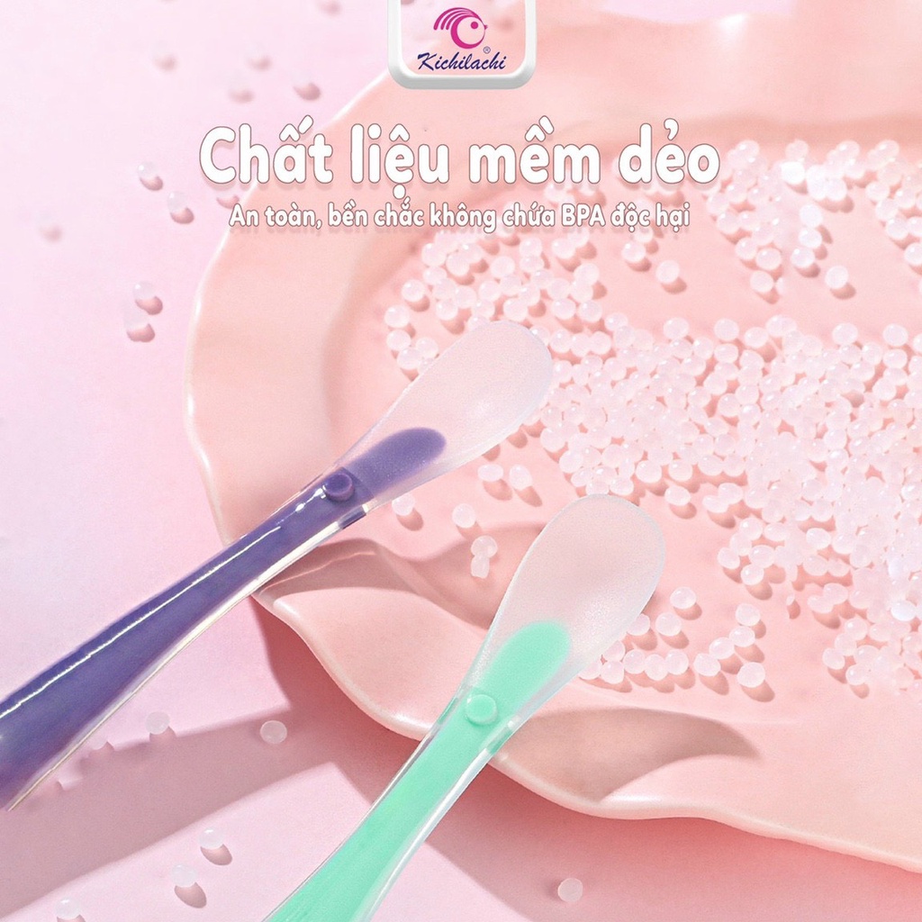 Combo 2 thìa ăn dặm silicon KICHILACHI siêu mềm bảo vệ nướu kèm hộp cho bé tập ăn dặm