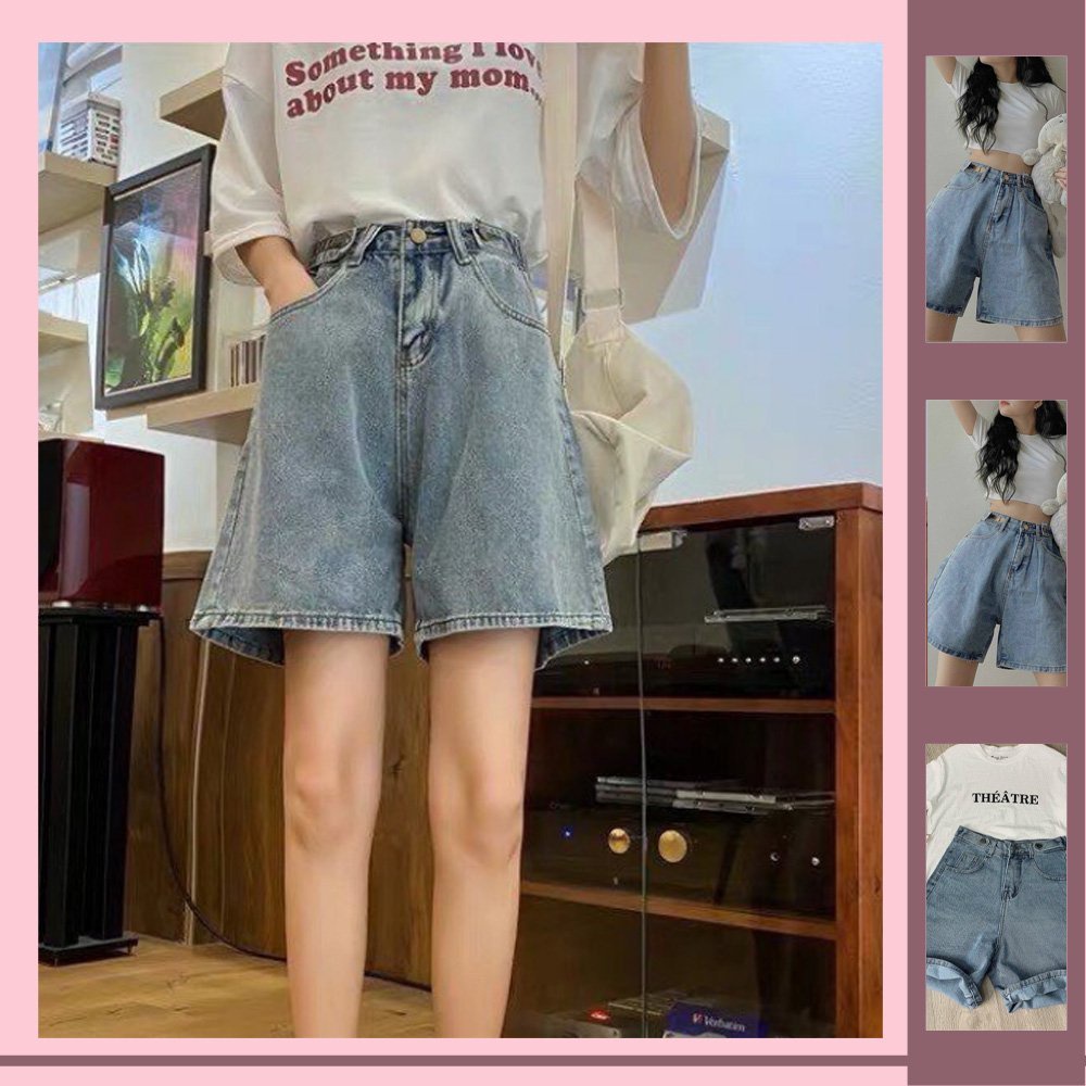 Quần Short Jean Cạp Cao 2 khuy, Quần Jean Đùi Nữ Ngắn Ống Rộng 2 Khuy Lưng Co Giãn Ulzzang, Labibi Olide