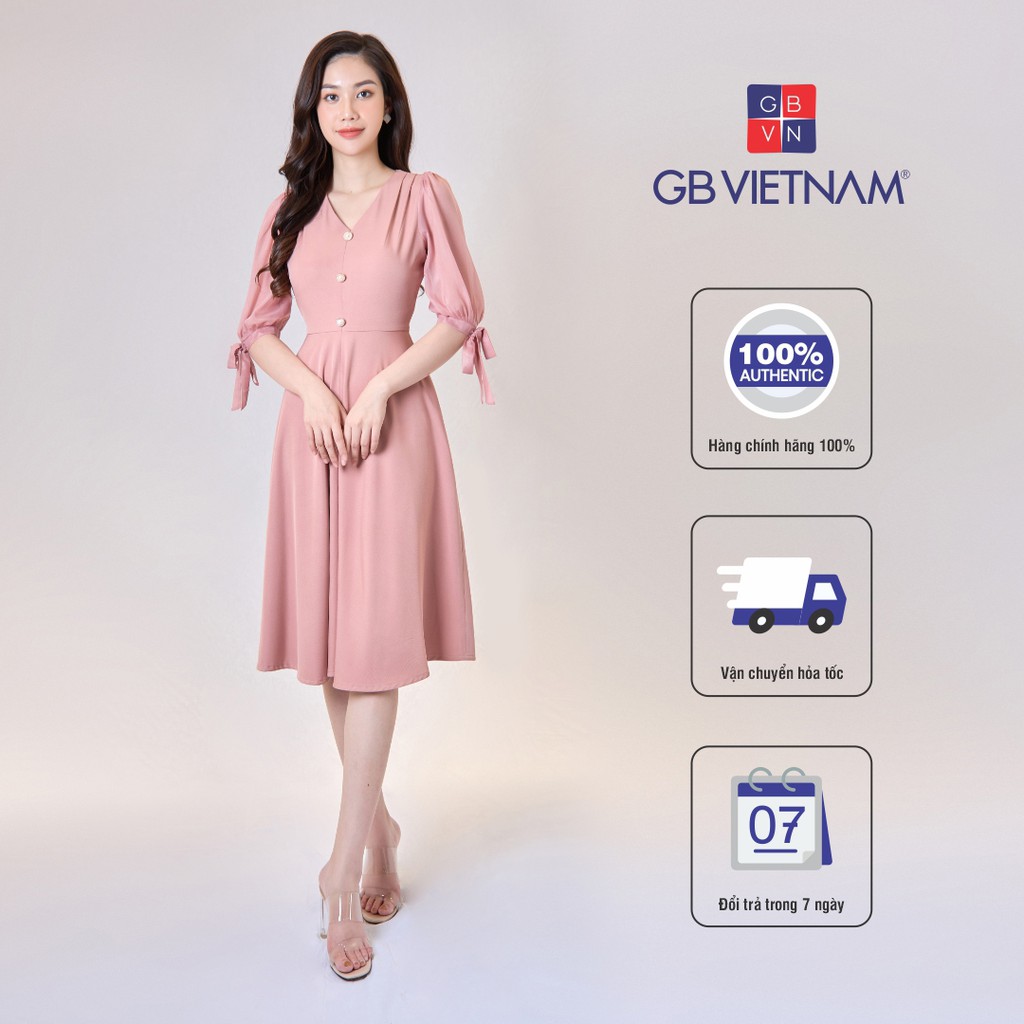 Váy công sở, GB35 , đầm liền cổ tim tay buộc, váy nở cổ liền sang trọng, đi tiệc, đi chơi