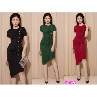 Đầm ôm body nhún đính nút