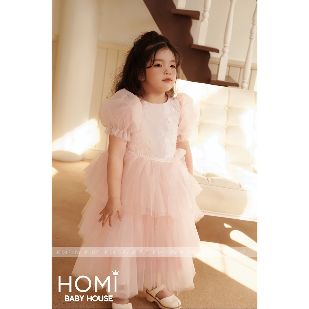 Váy công chúa Rose cho bé gái HOMI BABY HOUSE đầm công chúa hồng tay phồng 3 tầng cho bé gái dự tiệc dạo phố