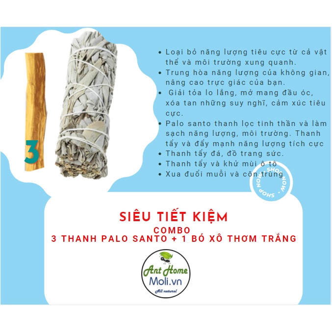 COMBO 3 THANH PALO SANTO + 1 BÓ XÔ THƠM TRẮNG 10CM SIÊU TIẾT KIỆM