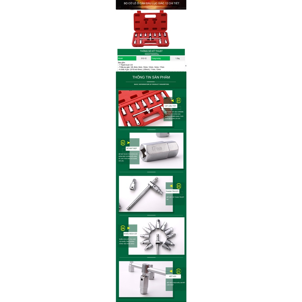 Bộ đầu khẩu lục giác thanh 3/8 với 12 chi tiết TUOSEN (hộp màu đỏ)