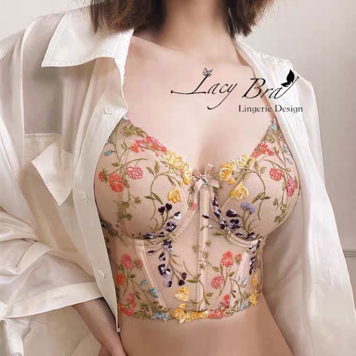 Áo Corset voan hoa văn bông hoa dáng lửng có gọng đệm nâng ngực Lylylorem CR003