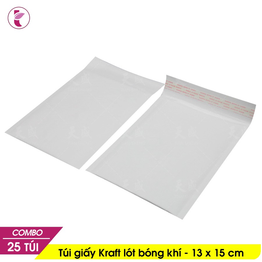 13x15cm - 25 Túi giấy Kraft trắng Túi gói hàng chống sốc lót bóng khí niêm phong