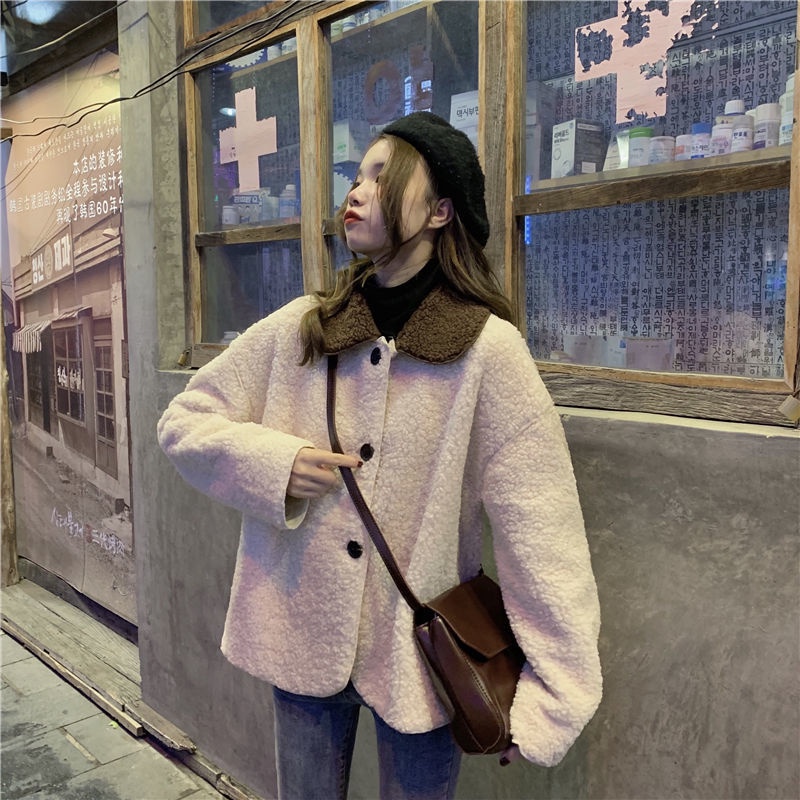 Áo Khoác Len Lông Cừu Tay Dài Cổ Búp Bê Màu Sắc Tương Phản Phong Cách Hàn Quốc Dành Cho Nữ