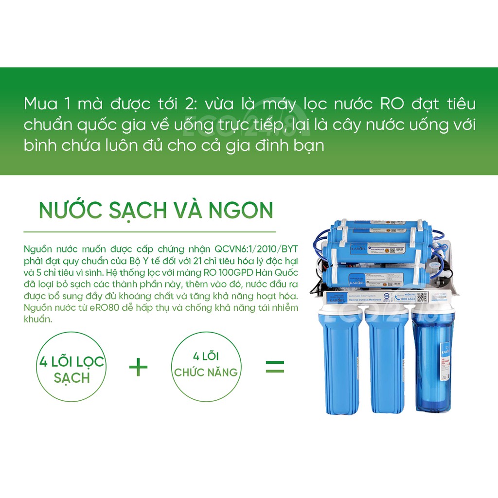 Máy Lọc Nước Karofi ERO 8 Cấp ERO80- Loại Bỏ 99,99% Vi Khuẩn Gây Hại