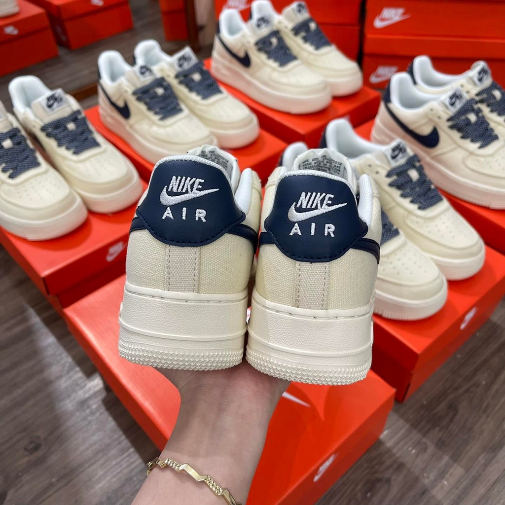 Giày tho.storehn AF1 canvas navy nâu bò dây tha, af1 nâu vải canvas vệt xanh than bản cao cấp ảnh thật+tặng kèm box bv