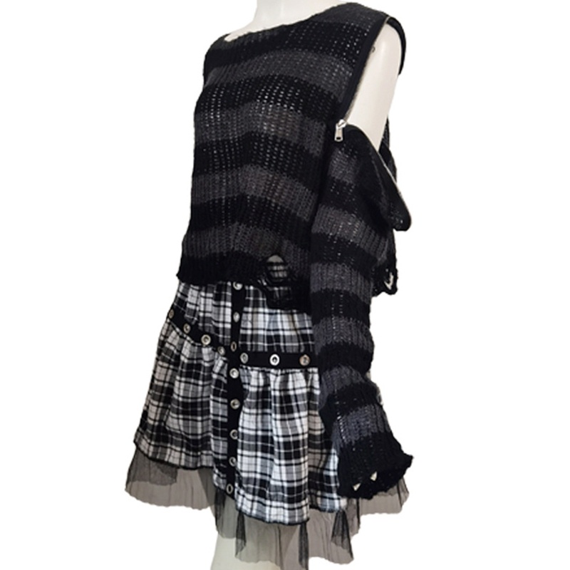 Áo Sweater Dệt Kim Tay Dài Hở Vai Phối Khóa Kéo Phong Cách Punk Cá Tính Cho Nữ