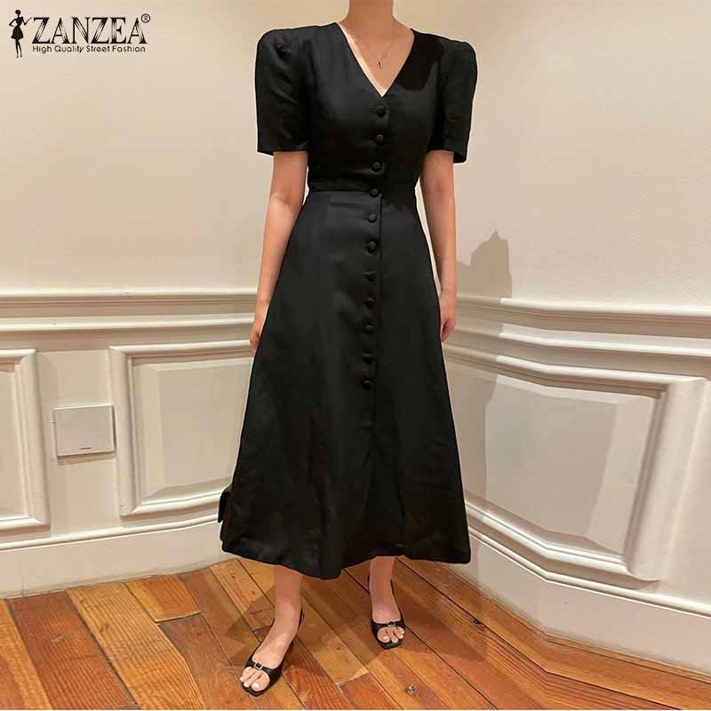 Đầm dài ZANZEA tay ngắn phồng cổ chữ V phong cách Hàn Quốc thời trang cho nữ