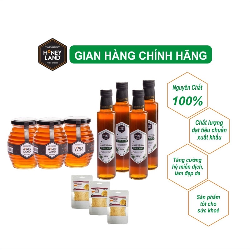 HONEYLAND - Combo 3 lọ Mật Ong Hoa Xuyến Chi 500 g/chai | TẶNG: 4 Chai Mật Ong Hoa Điện Biên 380 g/chai &amp; 4 Gói Chà Bông
