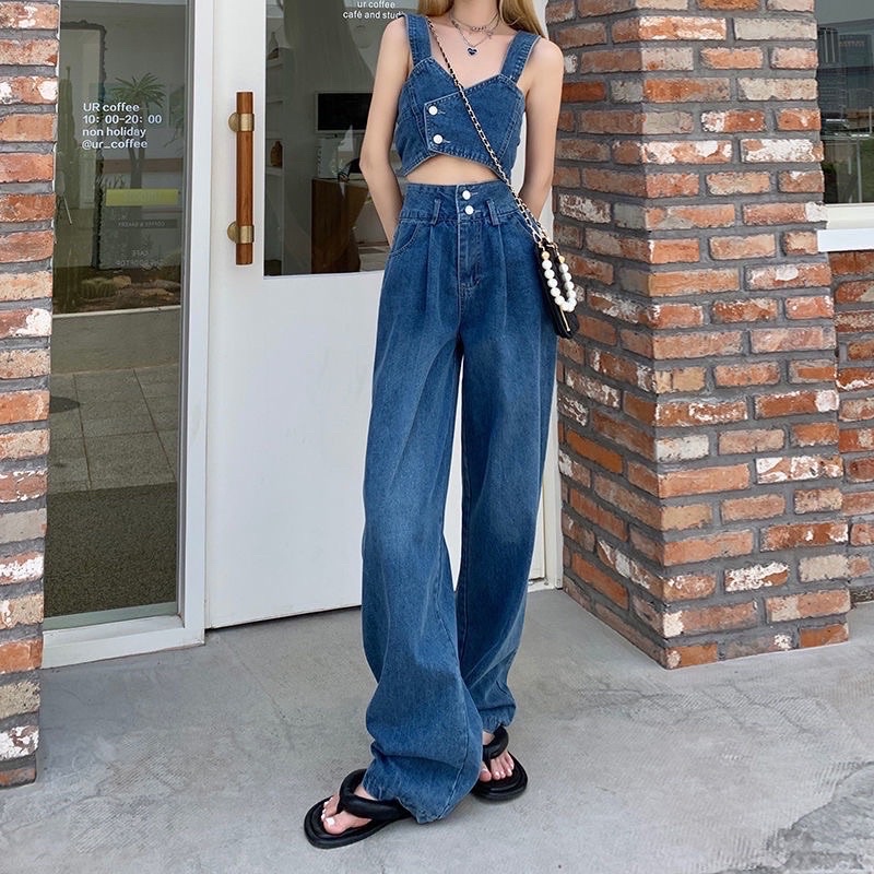 Set Đồ Bộ Áo Bra Croptop Quần Bò Ống Suông Rộng Jean Nữ Lưng Cao Thời Trang Đi Chơi Cá Tính Chali SD011