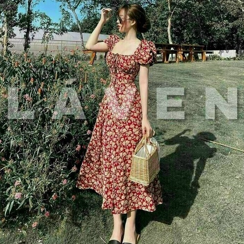 Váy hoa đỏ vintage xẻ tà có miếng lót ngực free size dưới 55kg vừa kèm hình thật