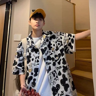 Áo sơ mi ngắn tay nam nữ unisex hoạ tiết bò sữa form rộng freesize SIB024