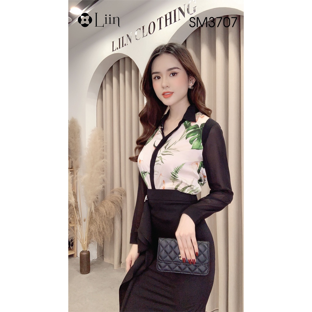 Áo sơ mi nữ cao cấp chất Lụa đẹp thiết kế họa tiết Hoa Tay Đen phong cách năng động, cá tính Liin Clothing SM3707