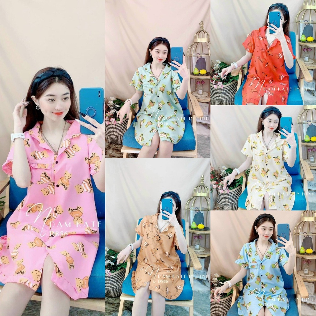 Váy Đầm Nữ-Đầm nữ kiểu dáng sơ mi vải LỤA HÀN in hình gấu siêu xinh Freesize dưới 58kg