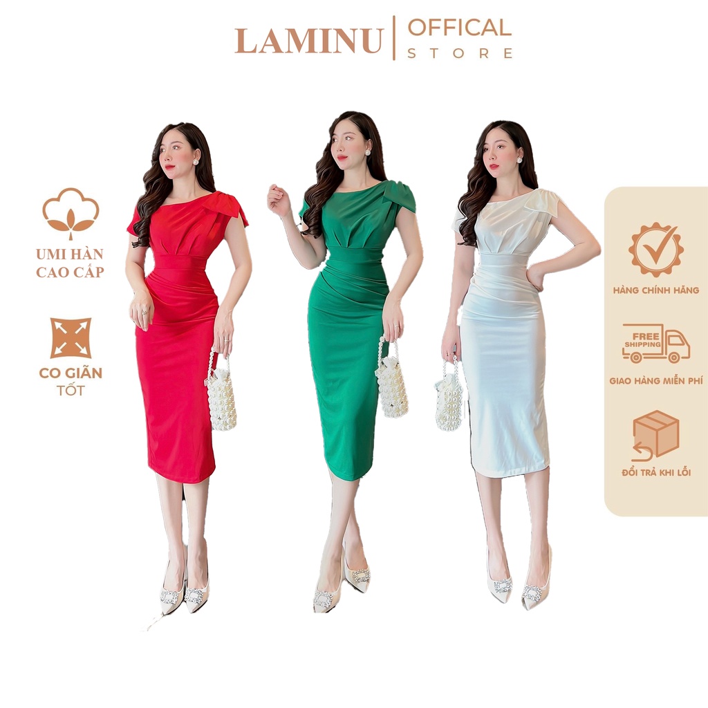 Váy body lệch vai LAMINU thiết kế, đầm dự tiệc ôm body quyến rũ, chiết eo gợi cảm