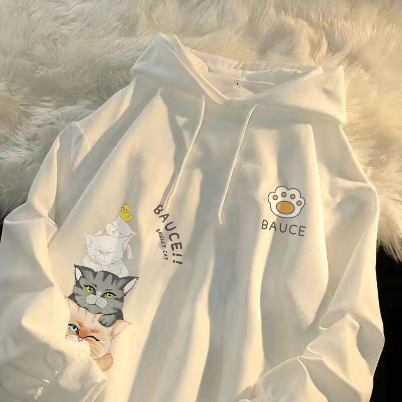 Áo Hoodie Tay Dài Dáng Rộng Màu Trắng In Họa Tiết Thời Trang Mùa Thu Mới Cho Nữ