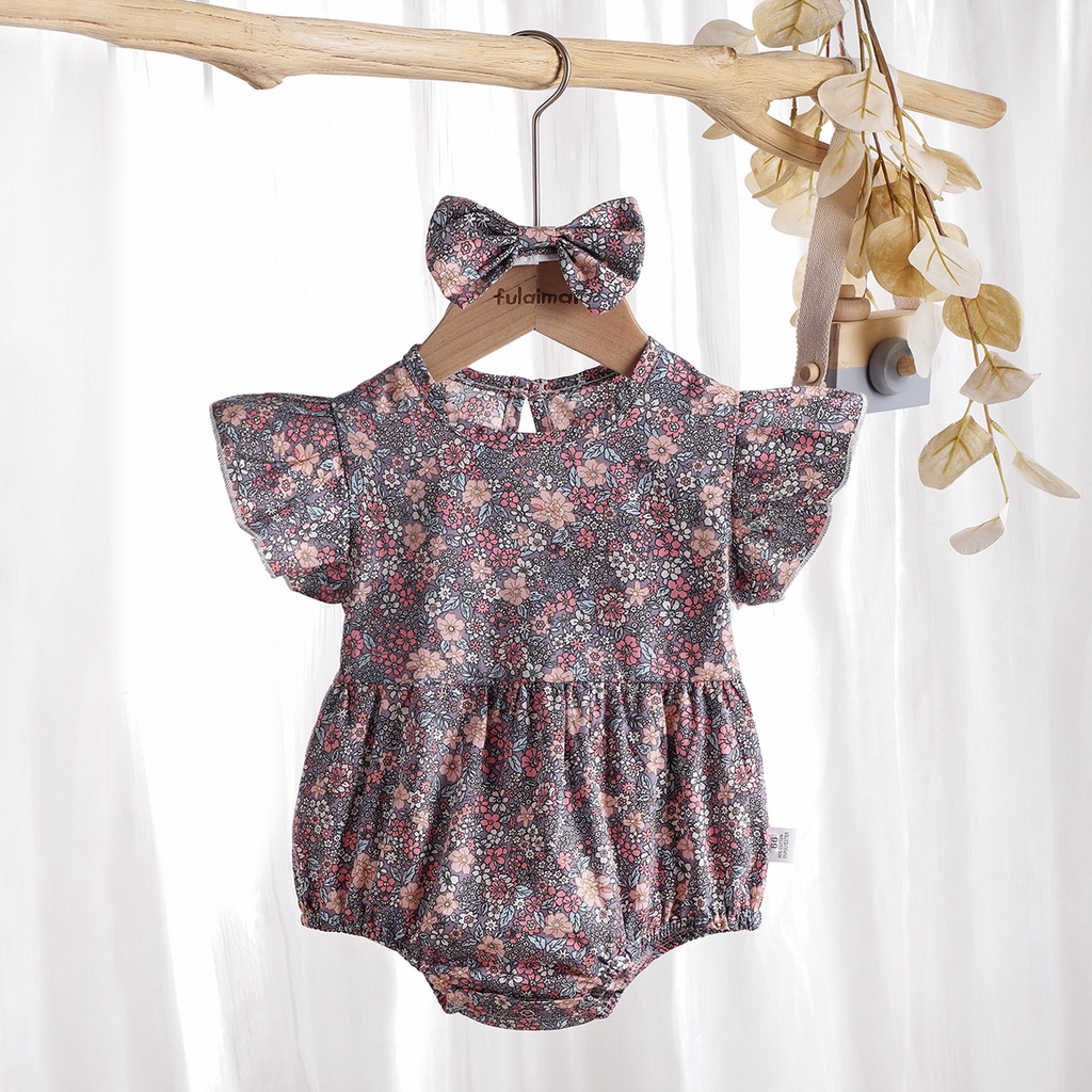 Bộ áo liền quần vải cotton in hoa màu tím + băng đô đáng yêu cho bé gái